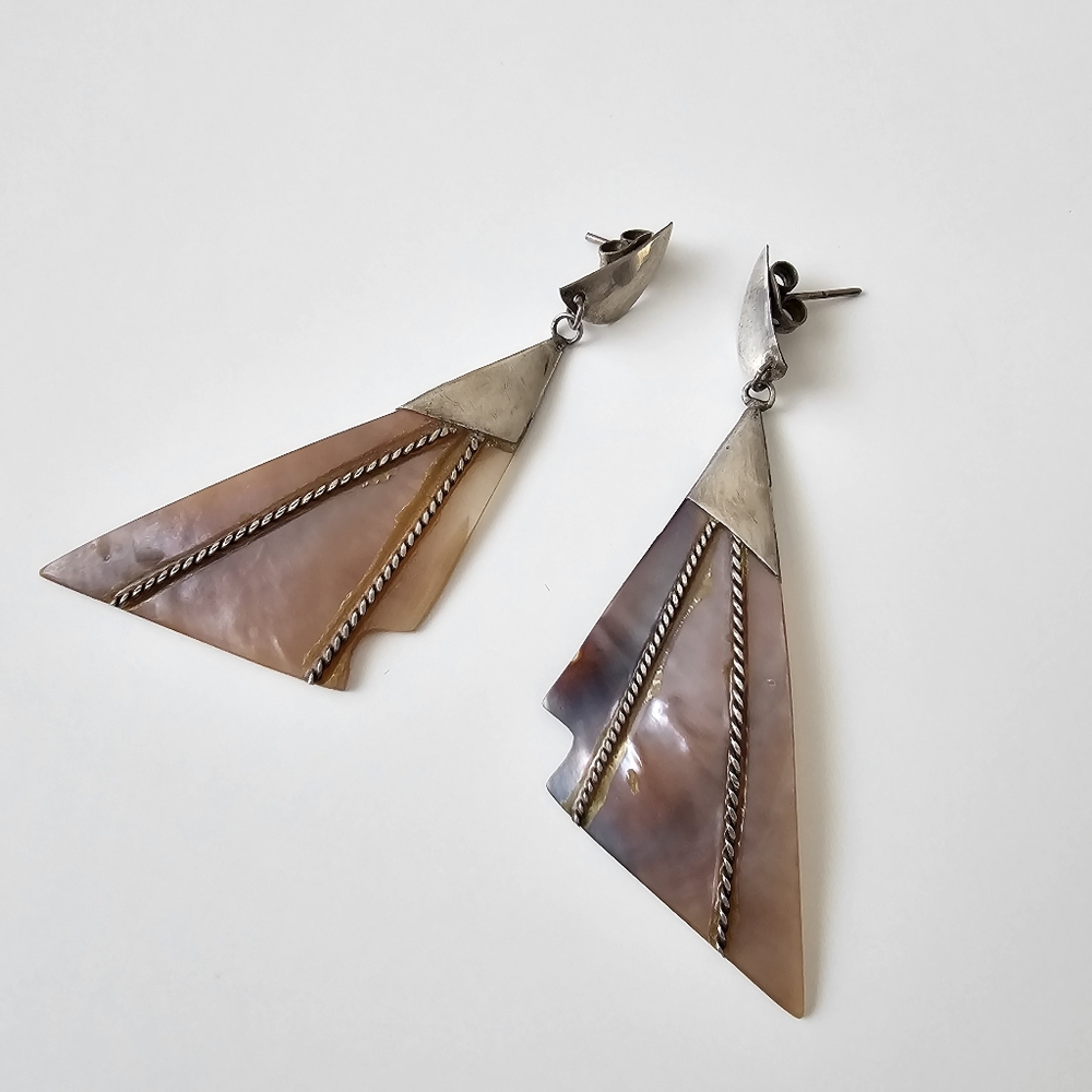 Vintage Southwestern Mother of Pearl Statement Earrings - Carved Geometric MOP - Picture 8 of 10